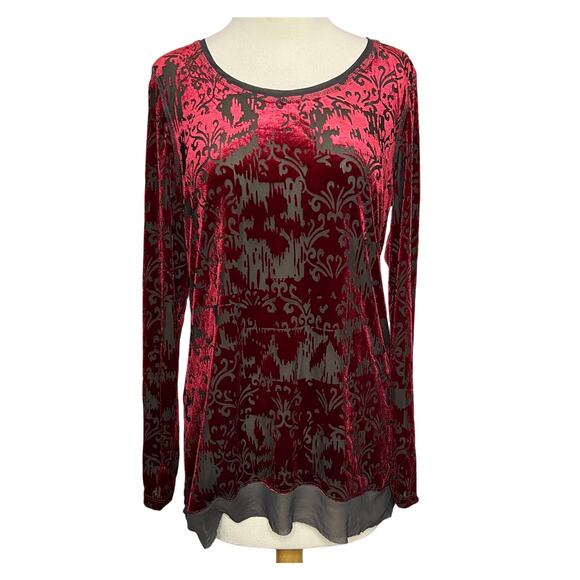 Simply Vera Wang Velvet Burnout Top Womens M Red Sheer Whimsygoth Grunge Vamp - Picture 1 of 16